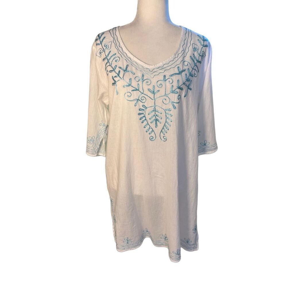 Beach by Exist white cotton  swim coverup with aqua embroidery -M